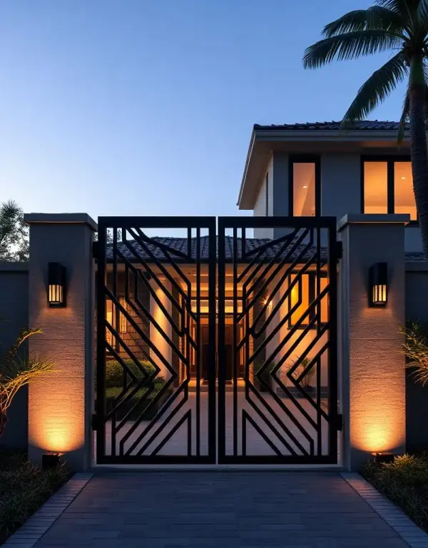 Modern geometric steel driveway gate lit at dusk between stucco pillars