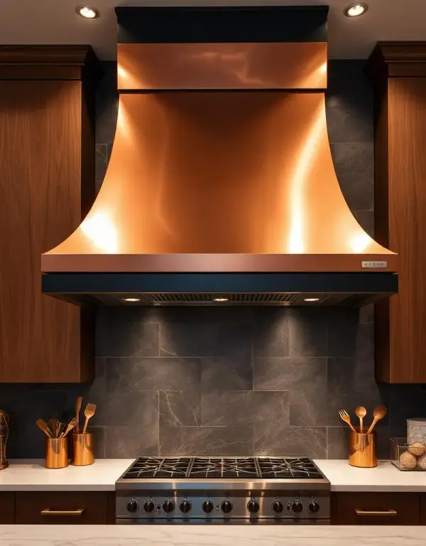 Custom copper range hood with a riveted trim band over a gas range in a dark wood kitchen